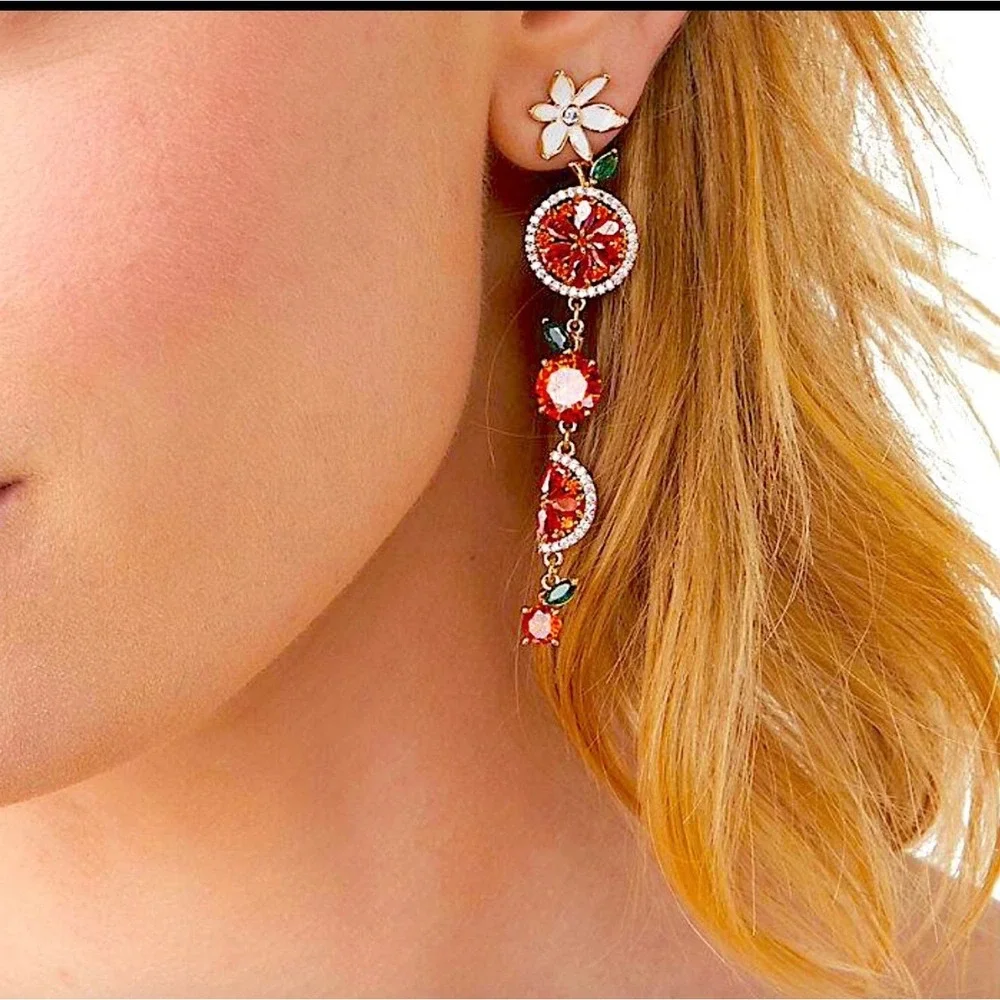 Kate Spade Citrus Fruit Drop Earrings Gold Tone Crystal Orange Flower NWT Boho - Picture 2 of 6
